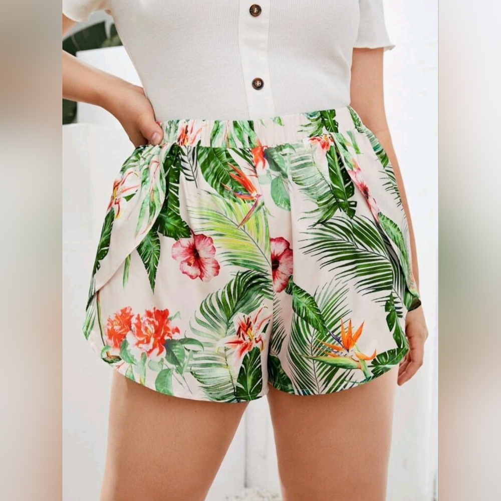 XL SHEIN Curve womens short shorts tropical floral beach green orange pink